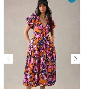 Women's NWT By Anthropologie Floral Smocked Puff Sleeve Midi Dress Size L NEW